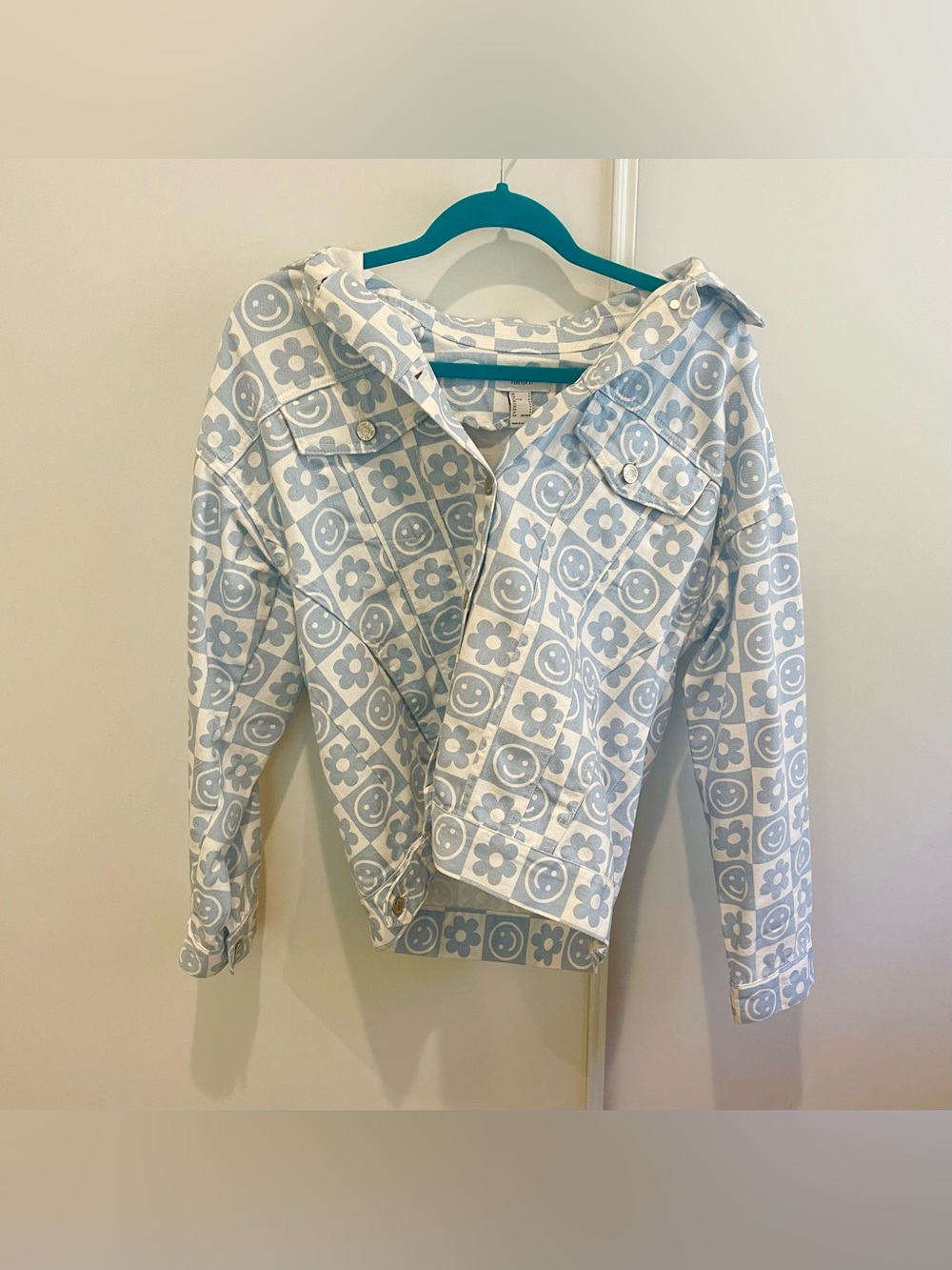 Smiley Face & Flower Pattern Denim Jacket - Light Blue & White
